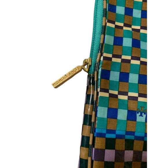 Tory Burch iPad Case Women's Medium Checkered Plaid Zip Vinyl Logo Pouch Sleeve - Picture 3 of 3